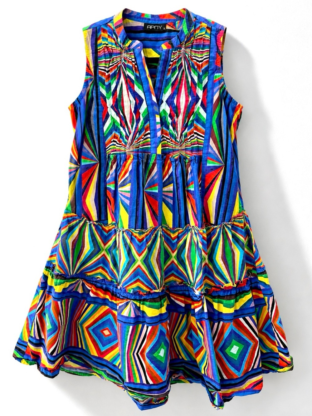 APNY Geometric Multicolor Tiered Babydoll Dress Split V-Neck Sleeveless Small